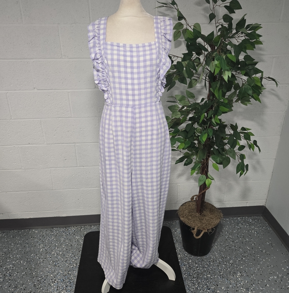 Urban Outfitters Emerson Gingham Ruffle Wide Leg Jumpsuit Fairy Garden Party XL - Picture 4 of 10